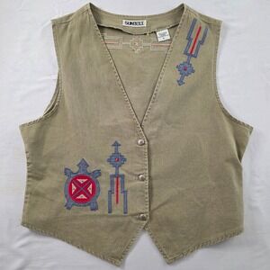 Sunbelt Vest Southwestern Embroidered Beaded Fringe Cotton L Olive Green Western